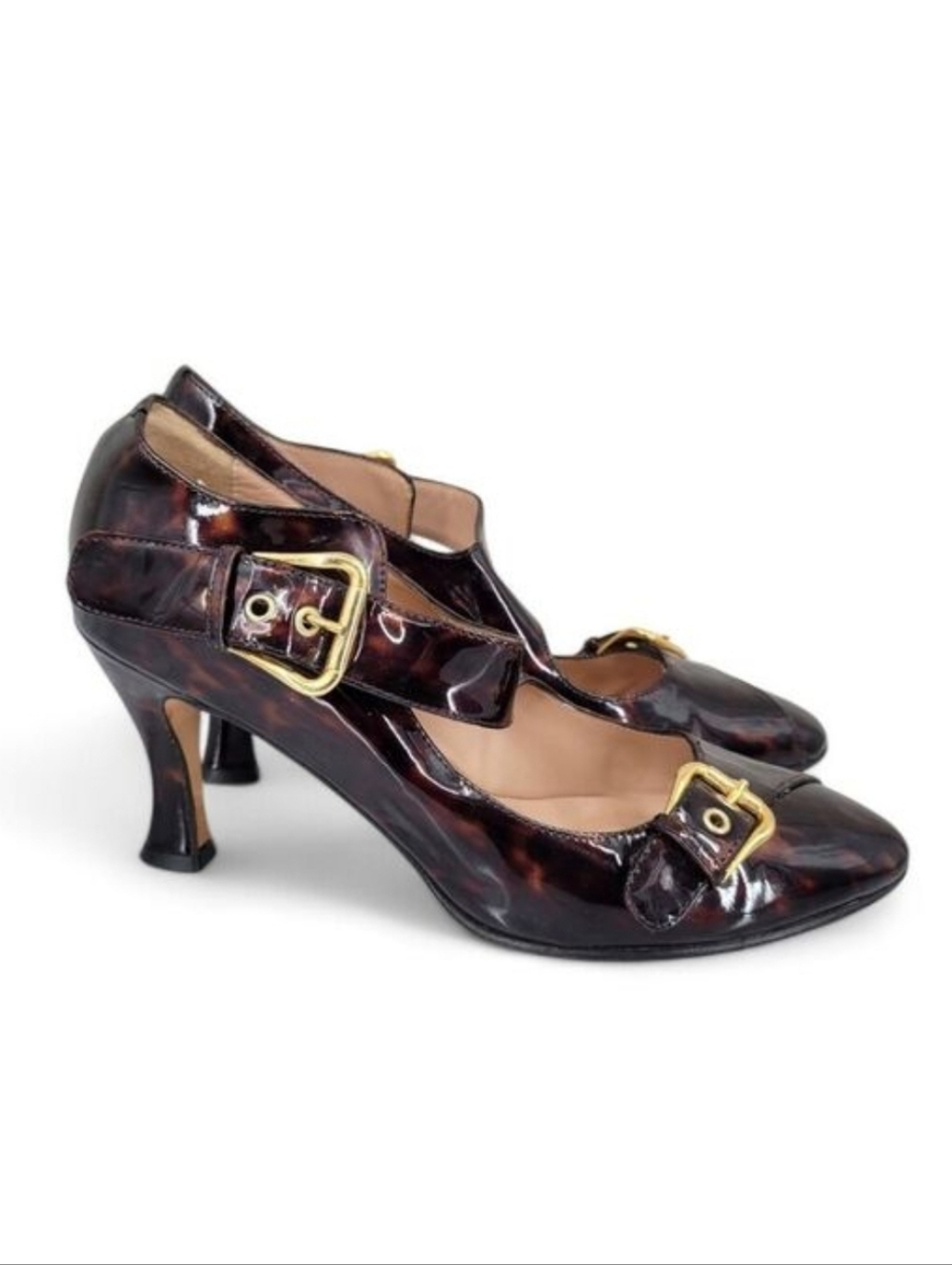 Anyi Lu Patent Leather Tortoise Mary Jane Shoes Heels with Gold Buckles